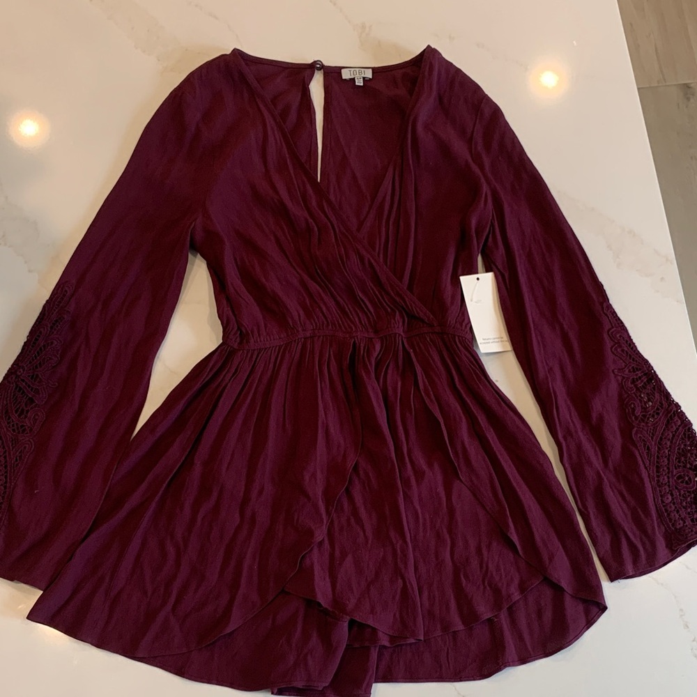 Tobi Plum Wrap-Front Long Sleeve Romper